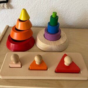 PLAN TOYS Montessori Wooden Colorful Cone Sorting Stacking + Triangle Puzzle
